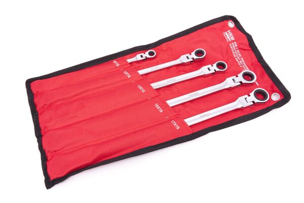 HBM 5 Delige Professionele Extra Lange Ringsleutelset met Ratelfunctie en Kantelbare Koppen 8 - 19 mm. - Afbeelding 4