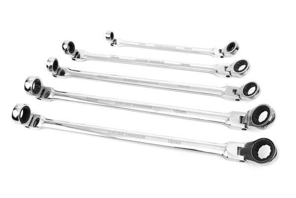 HBM 5 Delige Professionele Extra Lange Ringsleutelset met Ratelfunctie en Kantelbare Koppen 8 - 19 mm. - Afbeelding 3