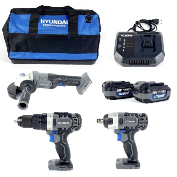 Hyundai 56871FF Professionele Accu Combiset van Hyundai 56871FF Professionele Accu Combiset – Haakse Slijper / Slagmoersleutel / Accuboormachine 20V – 5.0 AH Inclusief 2 Accu’s en Opbergtas