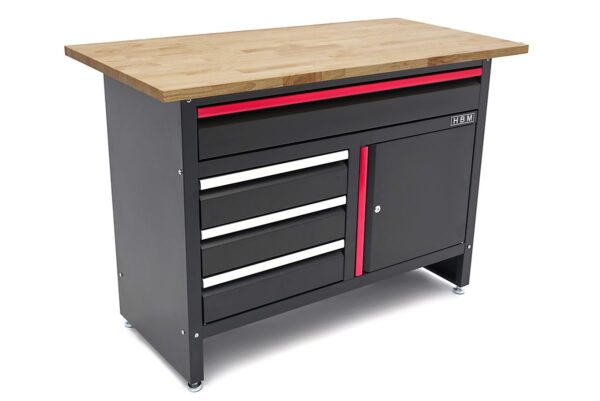 HBM 120 cm Werkbank met 4 Laden , 1 Deur en Houten Blad - Zwart - Afbeelding 3
