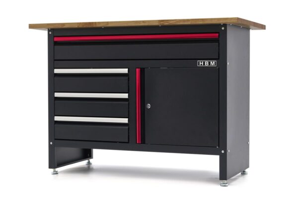 HBM 120 cm Werkbank met 4 Laden , 1 Deur en Houten Blad - Zwart - Afbeelding 4