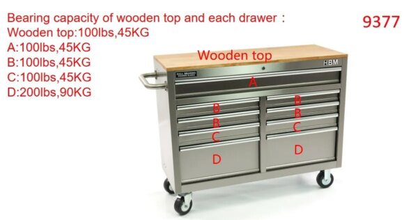 HBM Verrijdbare gereedschapswagen met houten werkblad, 117 cm, RVS - Bild 8
