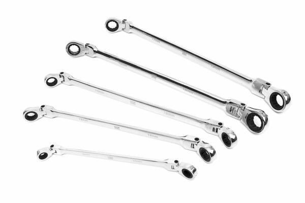 HBM 5 Delige Professionele Extra Lange Ringsleutelset met Ratelfunctie en Kantelbare Koppen 8 - 19 mm. - Afbeelding 2