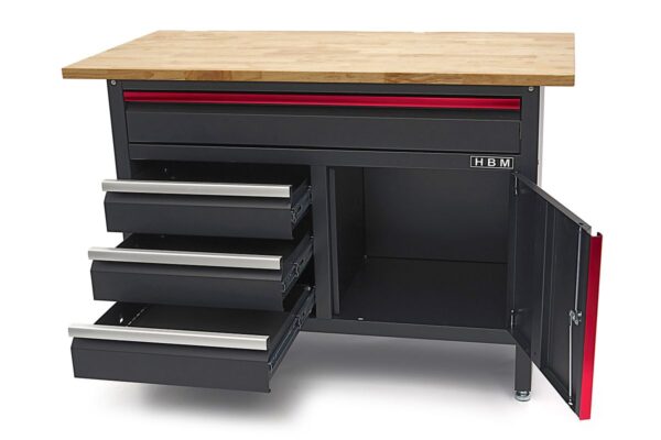 HBM 120 cm Werkbank met 4 Laden , 1 Deur en Houten Blad - Zwart - Afbeelding 6