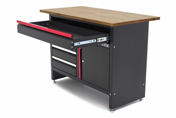 HBM 120 cm Werkbank met 4 Laden , 1 Deur en Houten Blad - Zwart - Afbeelding 8