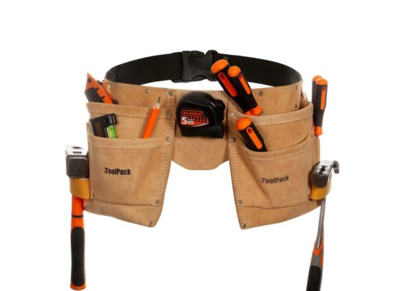 ToolPack Universele Gereedschapsgordel, 2 Vaste Holsters, Rolbandmaat- &  Hamerhouder, Suede, Verstelbare Draagriem - Image 2
