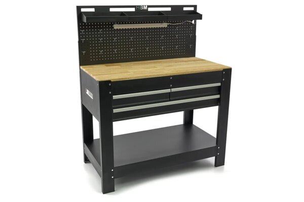 HBM 115 Cm. Werkbank Met Houten Werkblad, Achterwand, Led Verlichting , 20 Haken en 3 Opbergbakken - Afbeelding 5