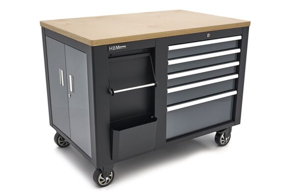 HBM verrijdbare gereedschapswagen, werkbank 114 cm met houten werkblad, zwart/grijs - Afbeelding 2