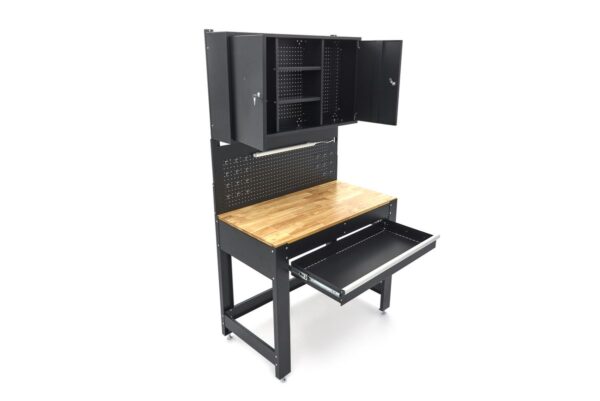 HBM 115 Cm. Werkbank Met Houten Werkblad, Achterwand Met Kastenwand, Led Verlichting , Stekkerdoos e - Afbeelding 11