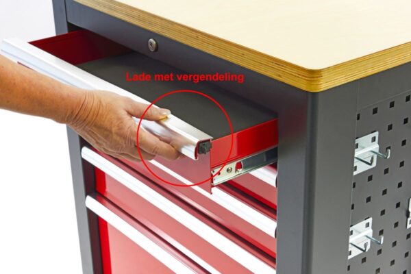 HBM verrijdbare gereedschapswagen, werkbank met houten werkblad 10 laden, rood zwart - Image 9