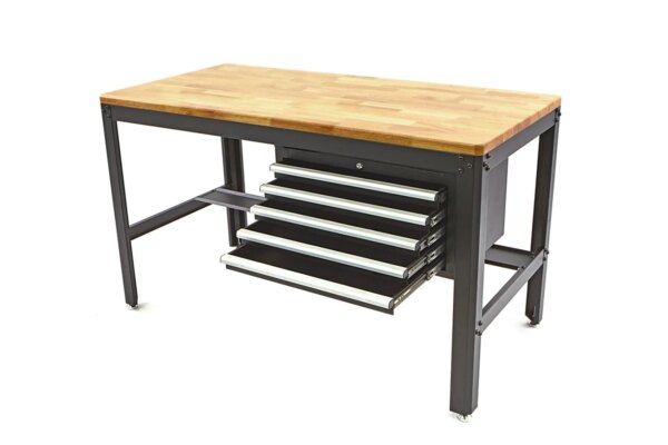 HBM 155 cm Professionele Werkbank met 5 Laden en Houten Werkblad Zwart - Afbeelding 2