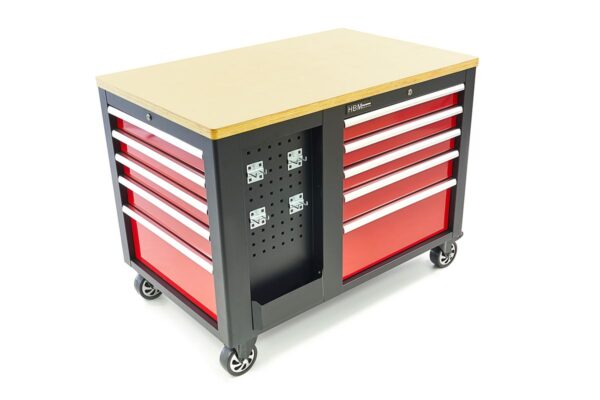 HBM verrijdbare gereedschapswagen, werkbank met houten werkblad 10 laden, rood zwart - Image 2