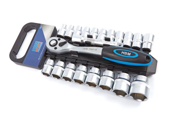 HBM 1/2 inch Professionele Ratel inclusief 19 doppen en verlengstuk - Afbeelding 2