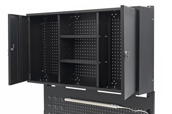 HBM 115 Cm. Werkbank Met Houten Werkblad, Achterwand Met Kastenwand, Led Verlichting , Stekkerdoos e - Afbeelding 10