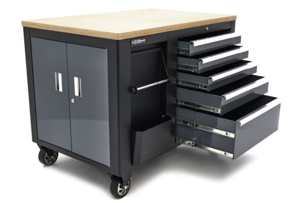 HBM verrijdbare gereedschapswagen, werkbank 114 cm met houten werkblad, zwart/grijs - Afbeelding 15