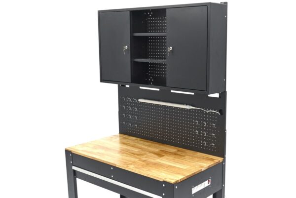 HBM 115 Cm. Werkbank Met Houten Werkblad, Achterwand Met Kastenwand, Led Verlichting , Stekkerdoos e - Afbeelding 5