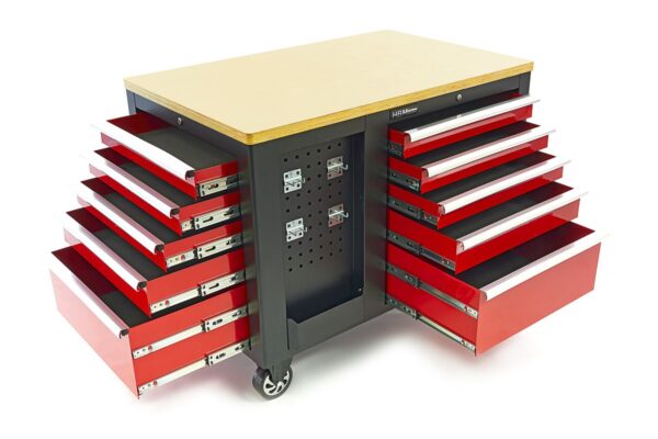 HBM verrijdbare gereedschapswagen, werkbank met houten werkblad 10 laden, rood zwart - Image 3