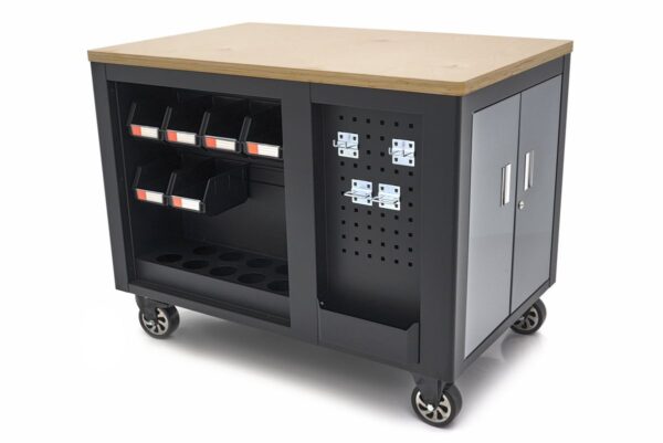 HBM verrijdbare gereedschapswagen, werkbank 114 cm met houten werkblad, zwart/grijs - Afbeelding 3