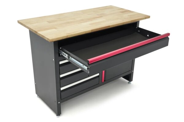 HBM 120 cm Werkbank met 4 Laden , 1 Deur en Houten Blad in Zwart - Afbeelding 7