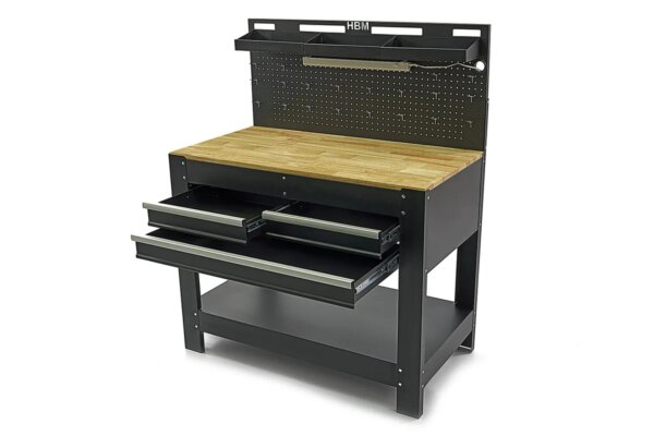 HBM 115 Cm. Werkbank Met Houten Werkblad, Achterwand, Led Verlichting , 20 Haken en 3 Opbergbakken - Afbeelding 2