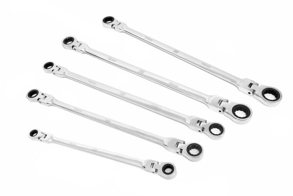 HBM 5 Delige Professionele Extra Lange Ringsleutelset met Ratelfunctie en Kantelbare Koppen 8 - 19 mm.
