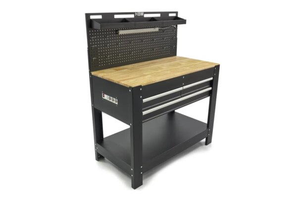 HBM 115 Cm. Werkbank Met Houten Werkblad, Achterwand, Led Verlichting , 20 Haken en 3 Opbergbakken - Afbeelding 4