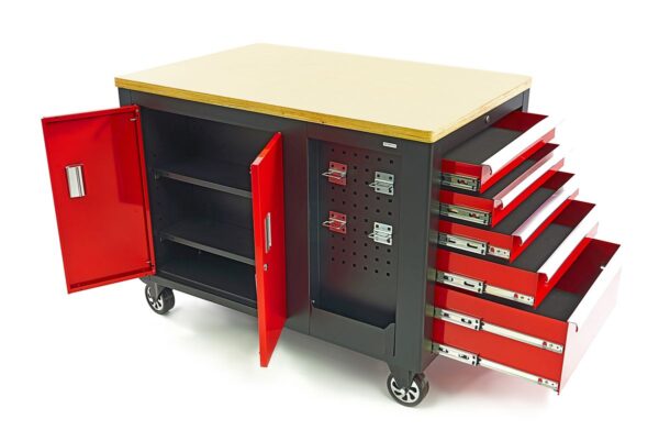 HBM verrijdbare gereedschapswagen, werkbank met houten werkblad 10 laden, rood zwart - Image 4