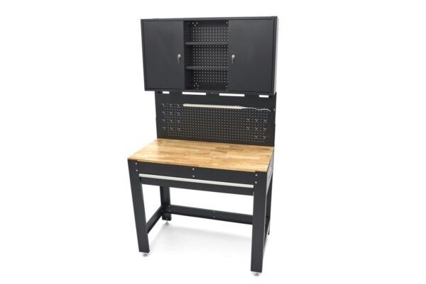 HBM 115 Cm. Werkbank Met Houten Werkblad, Achterwand Met Kastenwand, Led Verlichting , Stekkerdoos e
