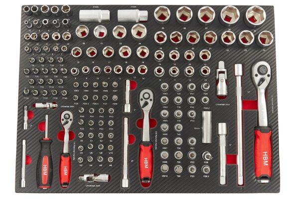 HBM 145 Delige Doppenset met Ratels in Carbon Foam inlay voor Gereedschapswagen