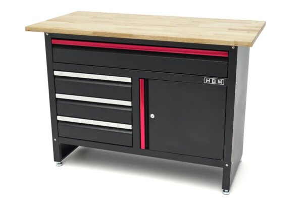 HBM 120 cm Werkbank met 4 Laden , 1 Deur en Houten Blad in Zwart