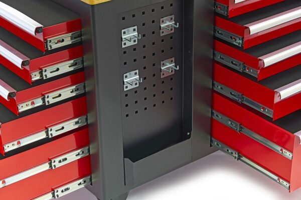 HBM verrijdbare gereedschapswagen, werkbank met houten werkblad 10 laden, rood zwart - Image 5