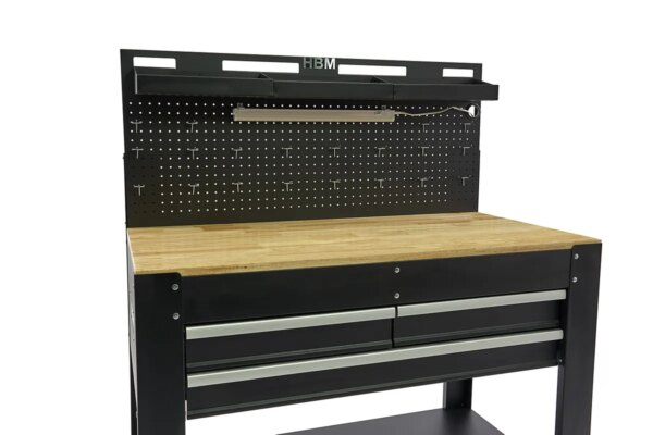 HBM 115 Cm. Werkbank Met Houten Werkblad, Achterwand, Led Verlichting , 20 Haken en 3 Opbergbakken - Afbeelding 6
