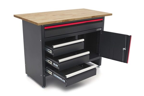 HBM 120 cm Werkbank met 4 Laden , 1 Deur en Houten Blad - Zwart - Afbeelding 7