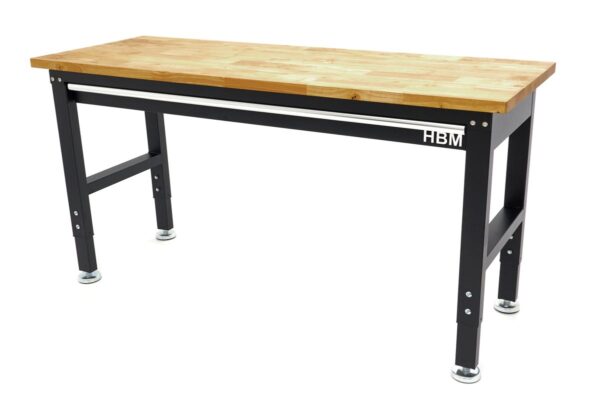 HBM in hoogte verstelbare werkbank met massief houten werkblad en lade 152 cm