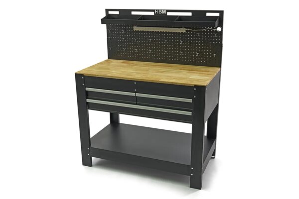HBM 115 Cm. Werkbank Met Houten Werkblad, Achterwand, Led Verlichting , 20 Haken en 3 Opbergbakken