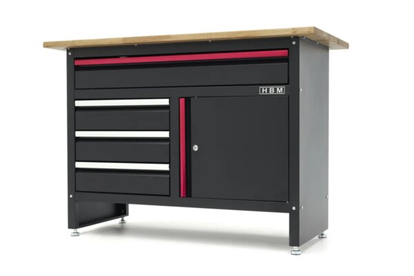 HBM 120 cm Werkbank met 4 Laden , 1 Deur en Houten Blad in Zwart - Afbeelding 3