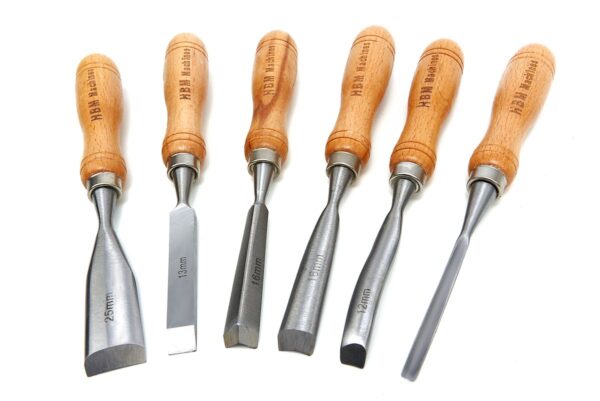 HBM 7 Delige Gutsenset, Steekbeitelset Inclusief Houten Hamer 215 mm - Afbeelding 2
