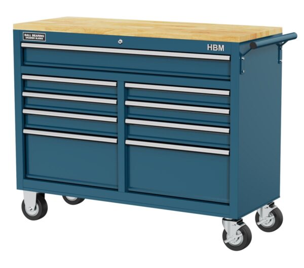 HBM verrijdbare gereedschapswagen, werkbank met houten werkblad 117 cm, blauw
