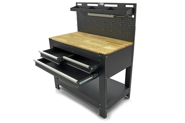 HBM 115 Cm. Werkbank Met Houten Werkblad, Achterwand, Led Verlichting , 20 Haken en 3 Opbergbakken - Afbeelding 3
