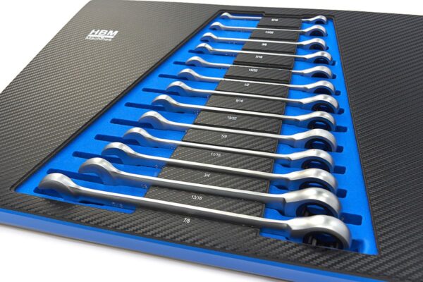 HBM 13 Delige Ring, Ratel, Steeksleutelset INCH in Carobn Foam inlay voor Gereedschapswagen - Afbeelding 3