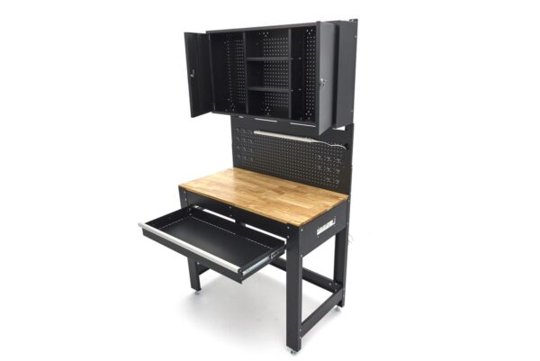 HBM 115 Cm. Werkbank Met Houten Werkblad, Achterwand Met Kastenwand, Led Verlichting , Stekkerdoos e - Afbeelding 8