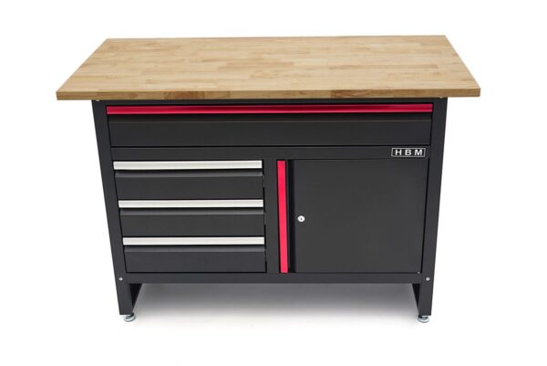 HBM 120 cm Werkbank met 4 Laden , 1 Deur en Houten Blad - Zwart - Afbeelding 2