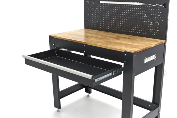 HBM 115 Cm. Werkbank Met Houten Werkblad, Achterwand Met Kastenwand, Led Verlichting , Stekkerdoos e - Afbeelding 9
