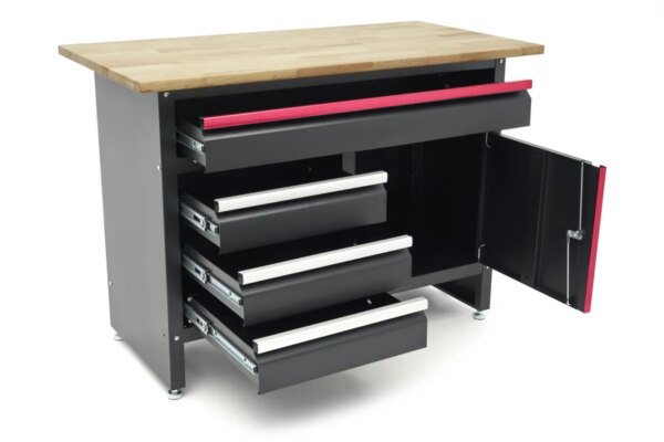 HBM 120 cm Werkbank met 4 Laden , 1 Deur en Houten Blad in Zwart - Afbeelding 5