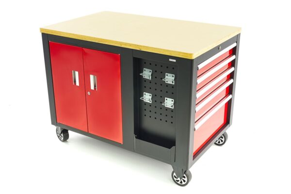 HBM verrijdbare gereedschapswagen, werkbank met houten werkblad 10 laden, rood zwart