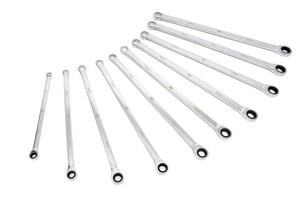 HBM 10 Delige Professionele Extra Lange Ringsleutelset met Vaste Kop en Ratelfunctie 8 - 19 mm