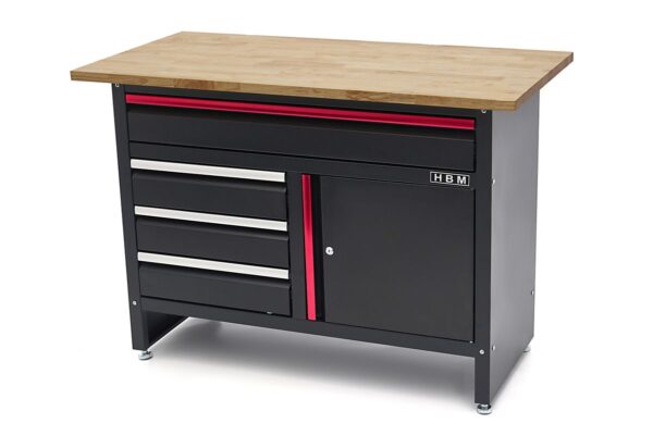 HBM 120 cm Werkbank met 4 Laden , 1 Deur en Houten Blad - Zwart