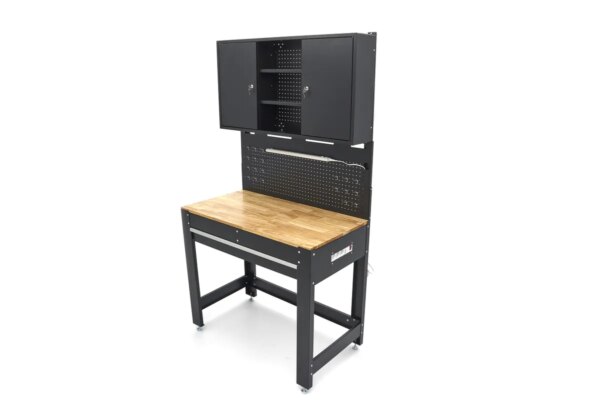 HBM 115 Cm. Werkbank Met Houten Werkblad, Achterwand Met Kastenwand, Led Verlichting , Stekkerdoos e - Afbeelding 4