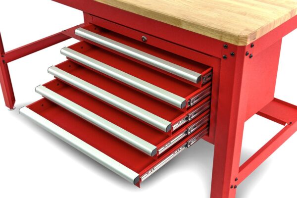 HBM 155 cm Professionele Werkbank met 5 Laden en Houten Werkblad, ROOD - Afbeelding 4
