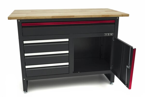 HBM 120 cm Werkbank met 4 Laden , 1 Deur en Houten Blad in Zwart - Afbeelding 11